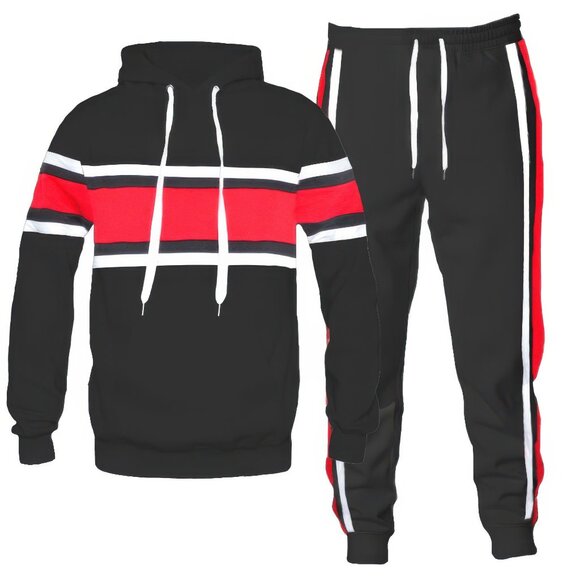 CC Boutique Other - Black & Red Color Block Stripe Men's Hoodie & Sweat Pants Set, Pockets on Both